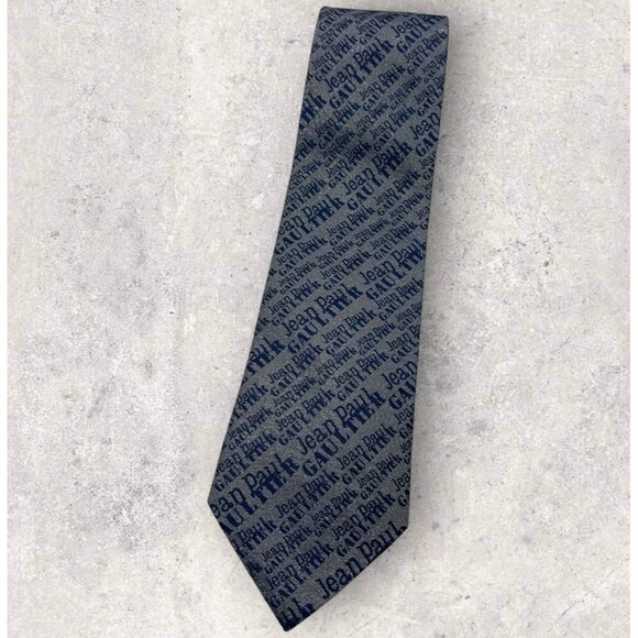 JEAN PAUL GAULTIER Silk Tie ITALY Gray Blue Brilliant Monogram JPG W:3.7